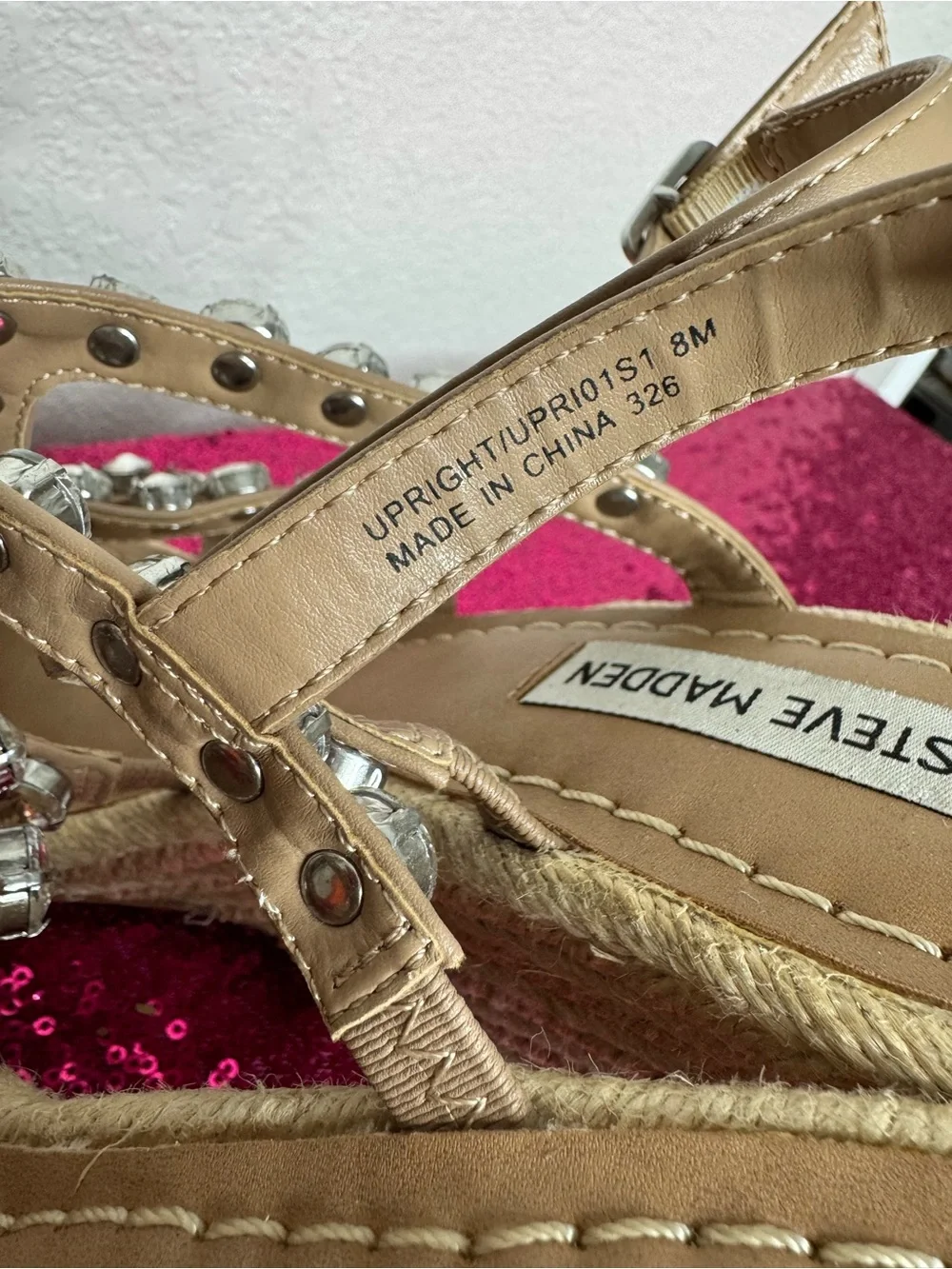 STEVE MADDEN 💎 Beige, Crystal Espadrille 3”inch Wedge Sandals (Women’s 8)